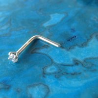 14k White Gold Nose Stud, Small Cubic Zirconia Gemstone Nose Ring - Solid White Gold, 18g or 20g L-Bend Post