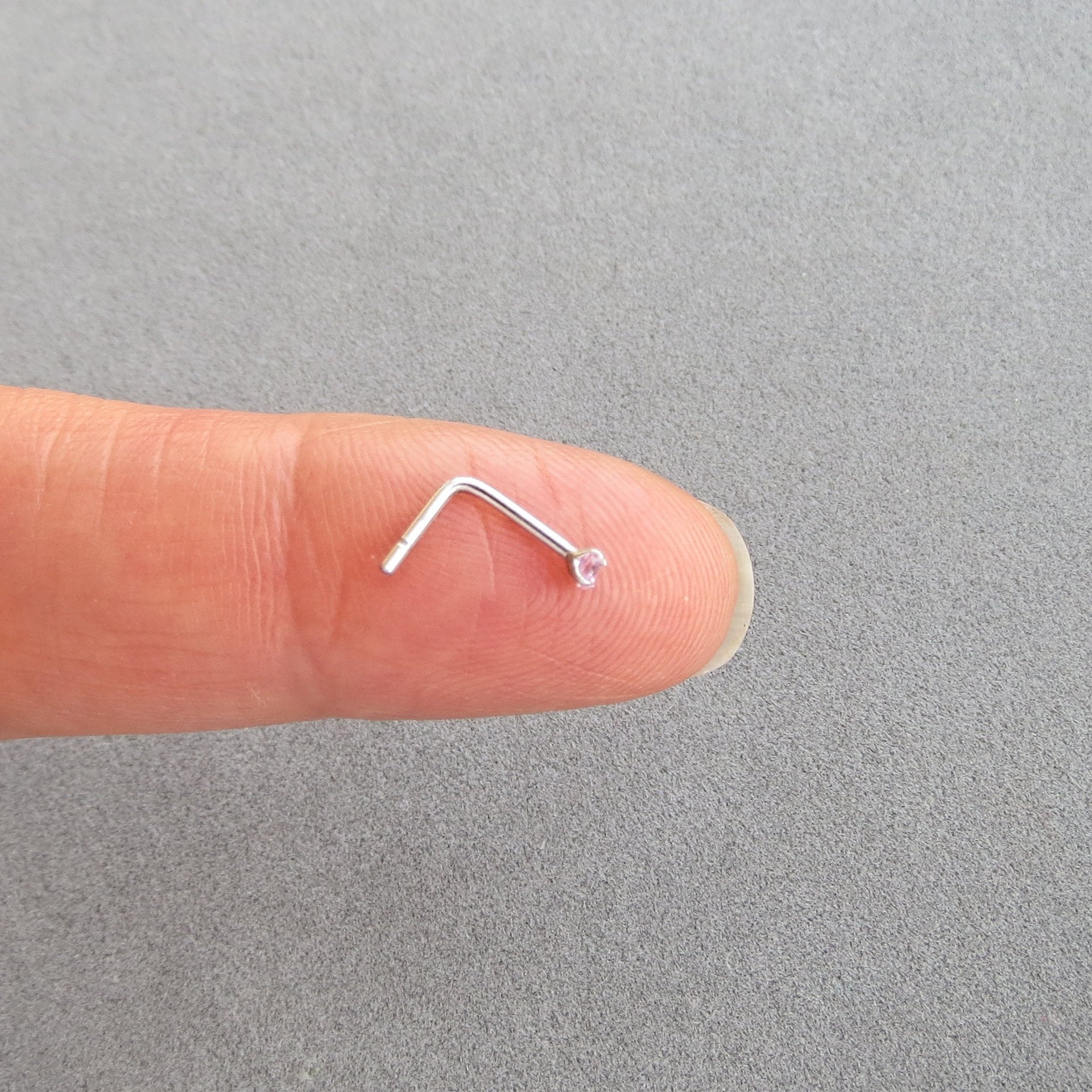 Small 2mm Pink Nose Stud, 925 Sterling Silver Pale Pink Nose Ring, Cubic Zirconia Gemstone Nose Stud with a 21g Post, L-bend or Straight