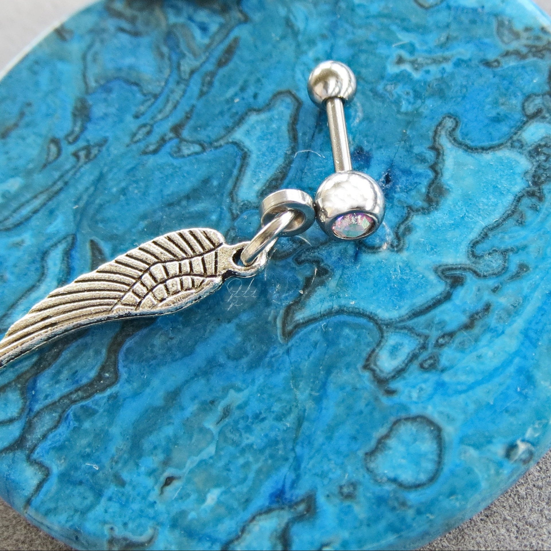 Angel Wing Helix Stud Dangle - Aurora Borealis, Clear or Blue Gemstone Cartilage Earring 18g Piercing
