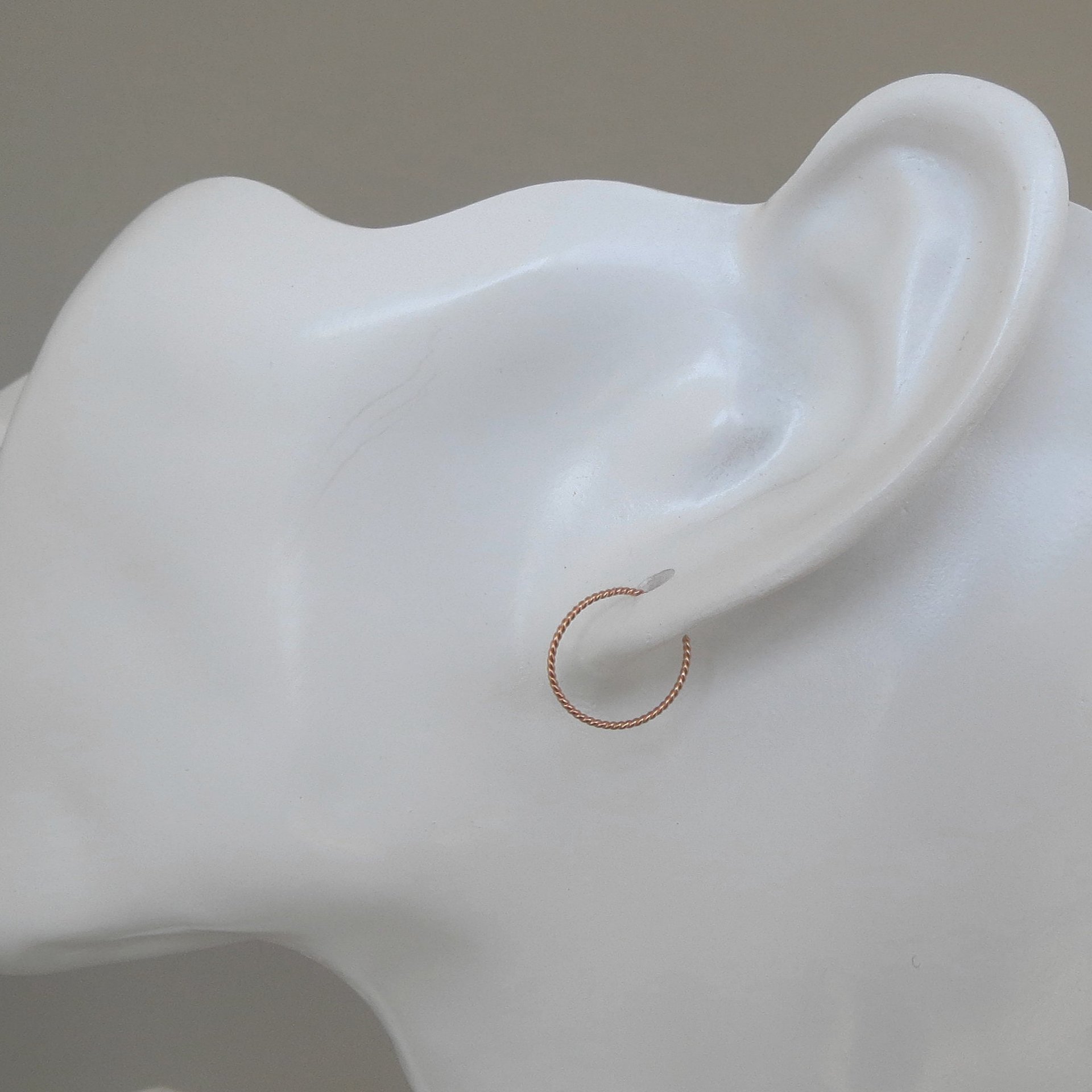 One Pair of Twisted 14k Rose Gold Earrings; Solid Gold Hoops for Lobes, Cartilage, Nose, or Other Piercings